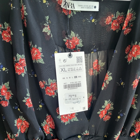 Zara Black Floral Plunge Neck Ruched Dress Size XL NWT - Picture 12 of 14